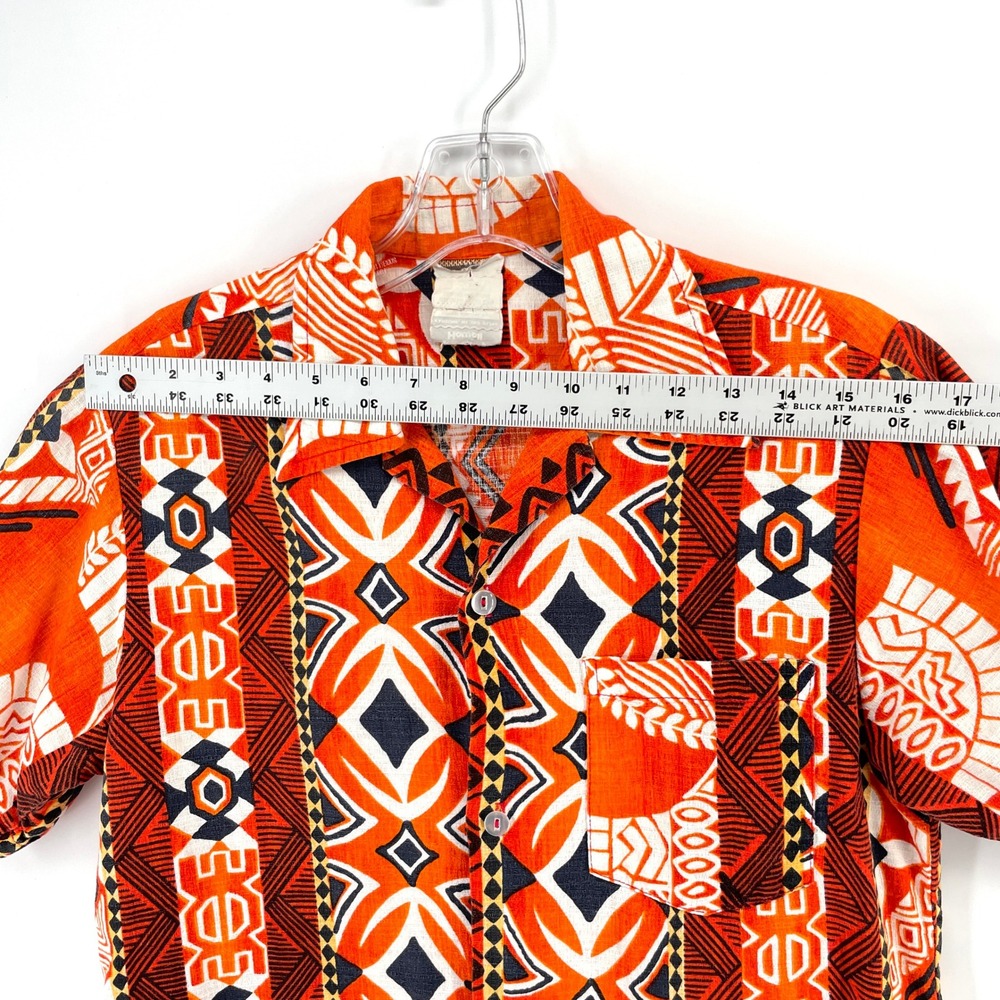 VTG 70s Orange Tribal Print Hawaiian Barkcoth Shirt Short Sleeve Mens Small - Picture 6 of 9